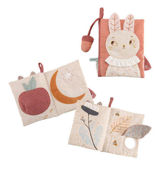 Soft rabbit activity book by Moulin Roty